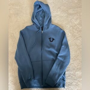 True Religion Slate Blue Full-Zip Hoodie with Horseshoe Emblem